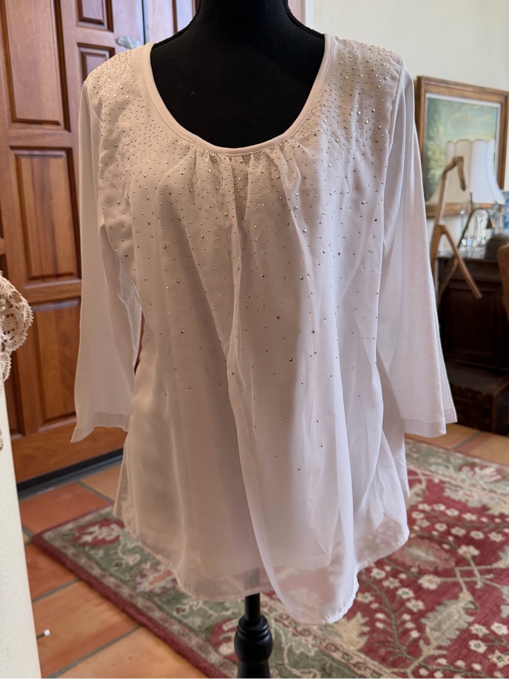 Lulu-B White Scoop Neck Rhinestone Embellished Blouse